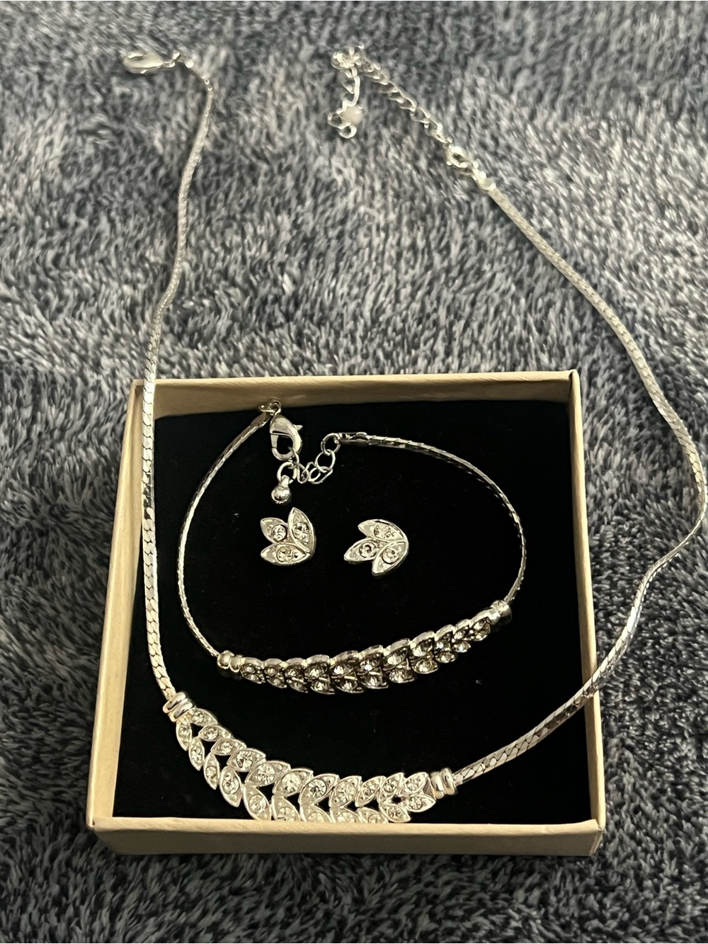 Silver Crystal Leaf Necklace, Bracelet & Earring Set